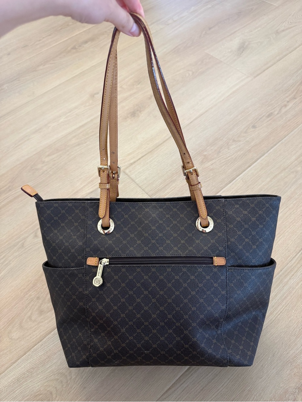 Rioni Moda Italia Canvas Tote Shoulder Bag Brown Monogram Print Handbag J9836Y - Picture 3 of 13